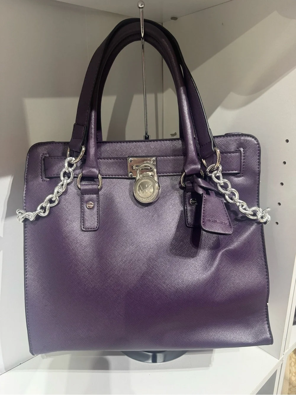 Michael Kors Purple Saffiano Leather Satchel with Silver Hardware
